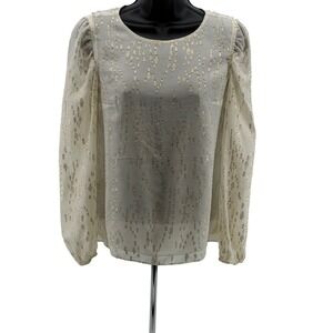 Lilly Pulitzer Blouse Womens XS Ivory Gold Silk Metallic Clip Dot Puff Sleeve